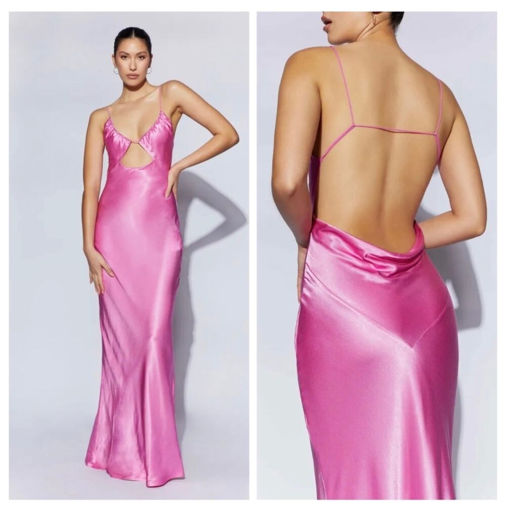 Meshki Sadie Maxi Satinโ Halter Ruched Slip Dress Pink Size XL Wedding Guest
